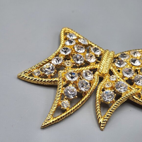Flat Bow Brooch Pin Costume Jewelry Gold Tone Clear Stones Holiday Gift Xmas - Picture 3 of 11